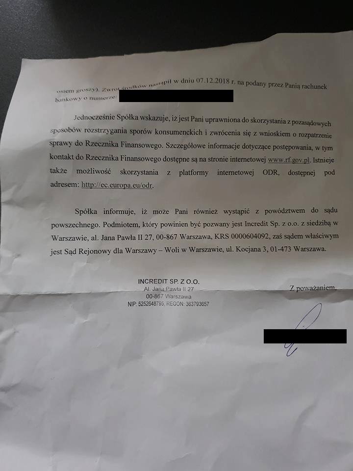 Incredit odstąpił od naliczenia prowizji