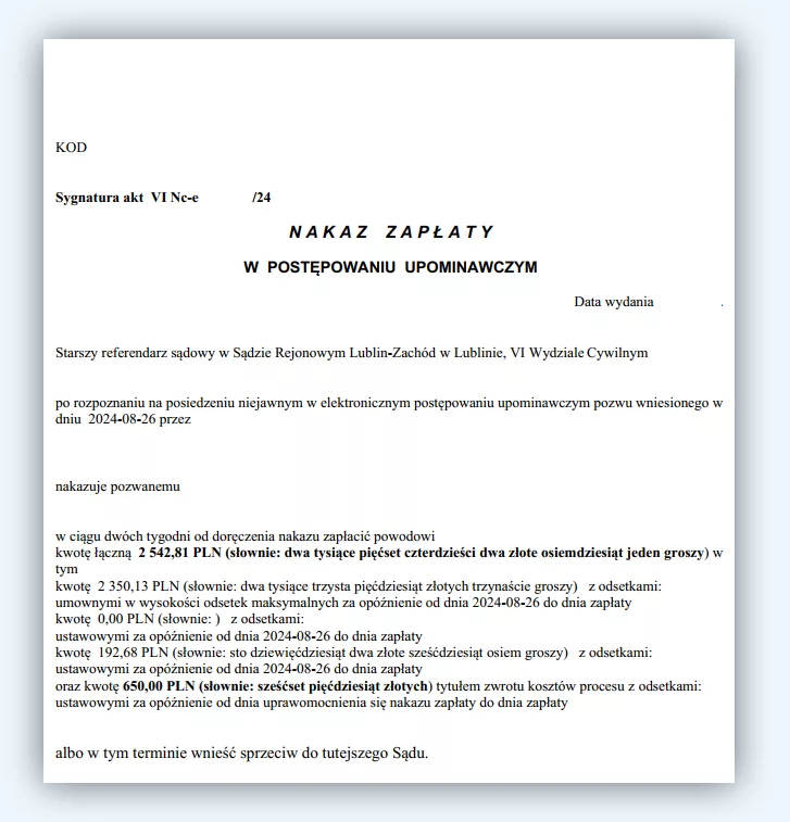 nakaz zapłaty w postępowaniu upominawczym